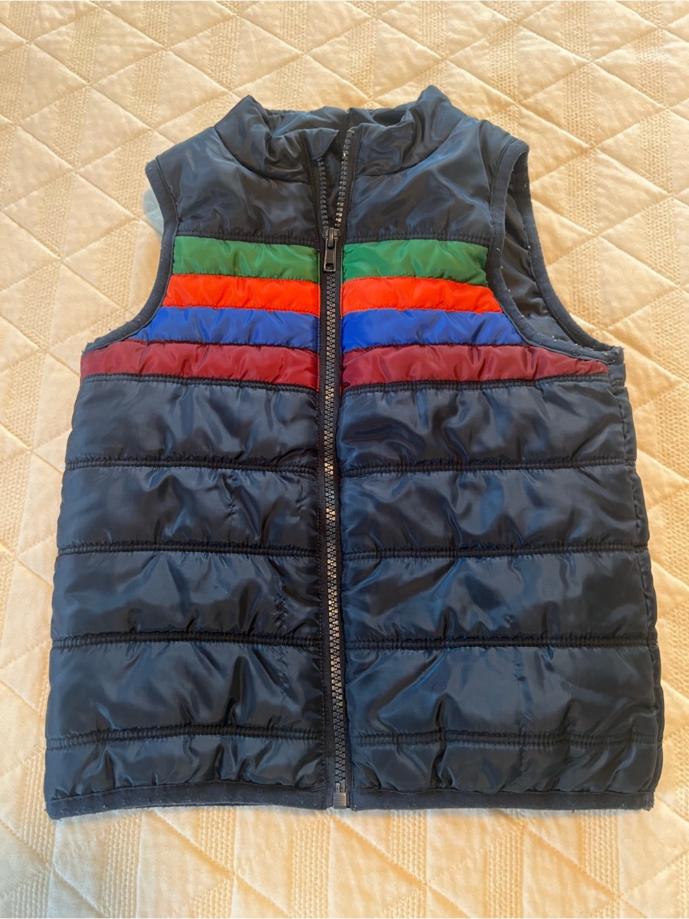 wonder nation Navy Puffer Vest with Green, Orange, Blue & Burgundy Stripes